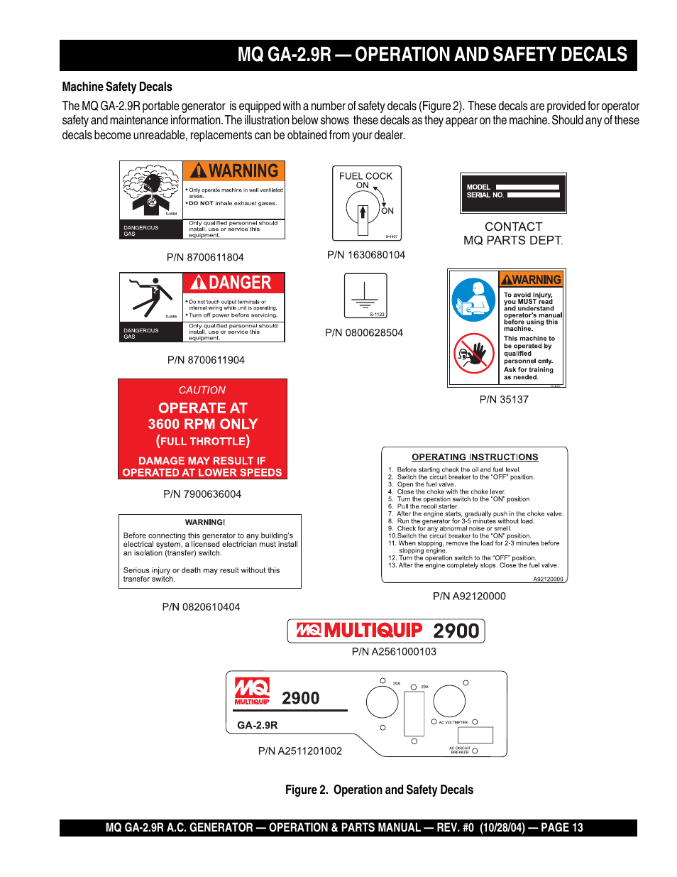 Mq ga-2.9r — operation and safety decals | Multiquip Portabe AC Generator (Gasoline Engine) GA-2.9R User Manual | Page 13 / 62