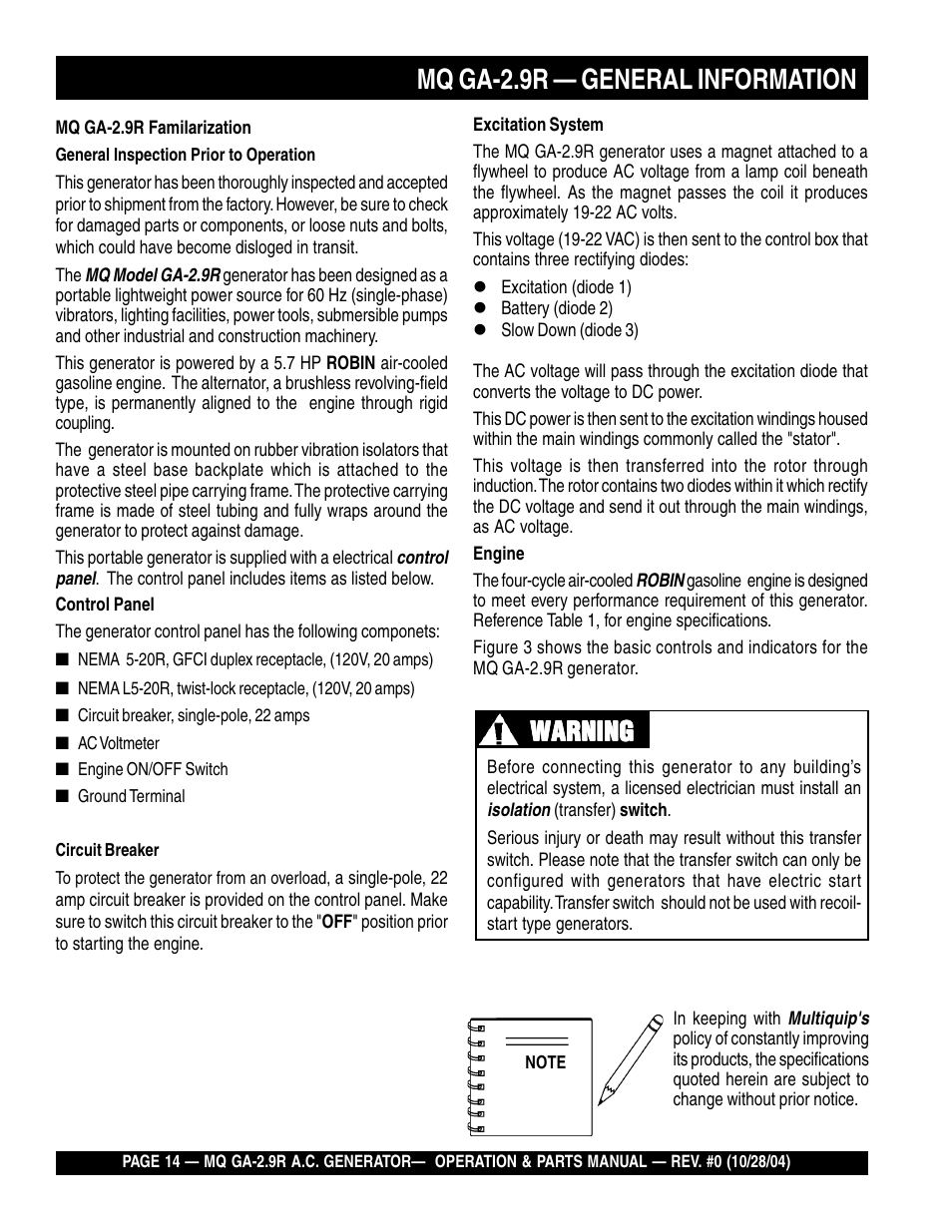 Mq ga-2.9r — general information, Warning | Multiquip Portabe AC Generator (Gasoline Engine) GA-2.9R User Manual | Page 14 / 62