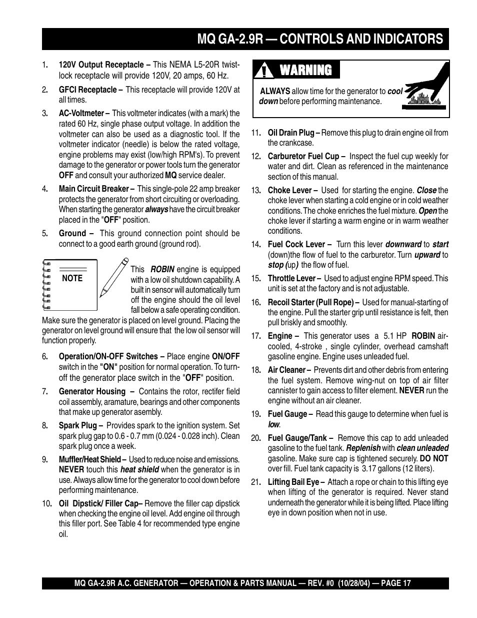 Mq ga-2.9r — controls and indicators, Warning | Multiquip Portabe AC Generator (Gasoline Engine) GA-2.9R User Manual | Page 17 / 62