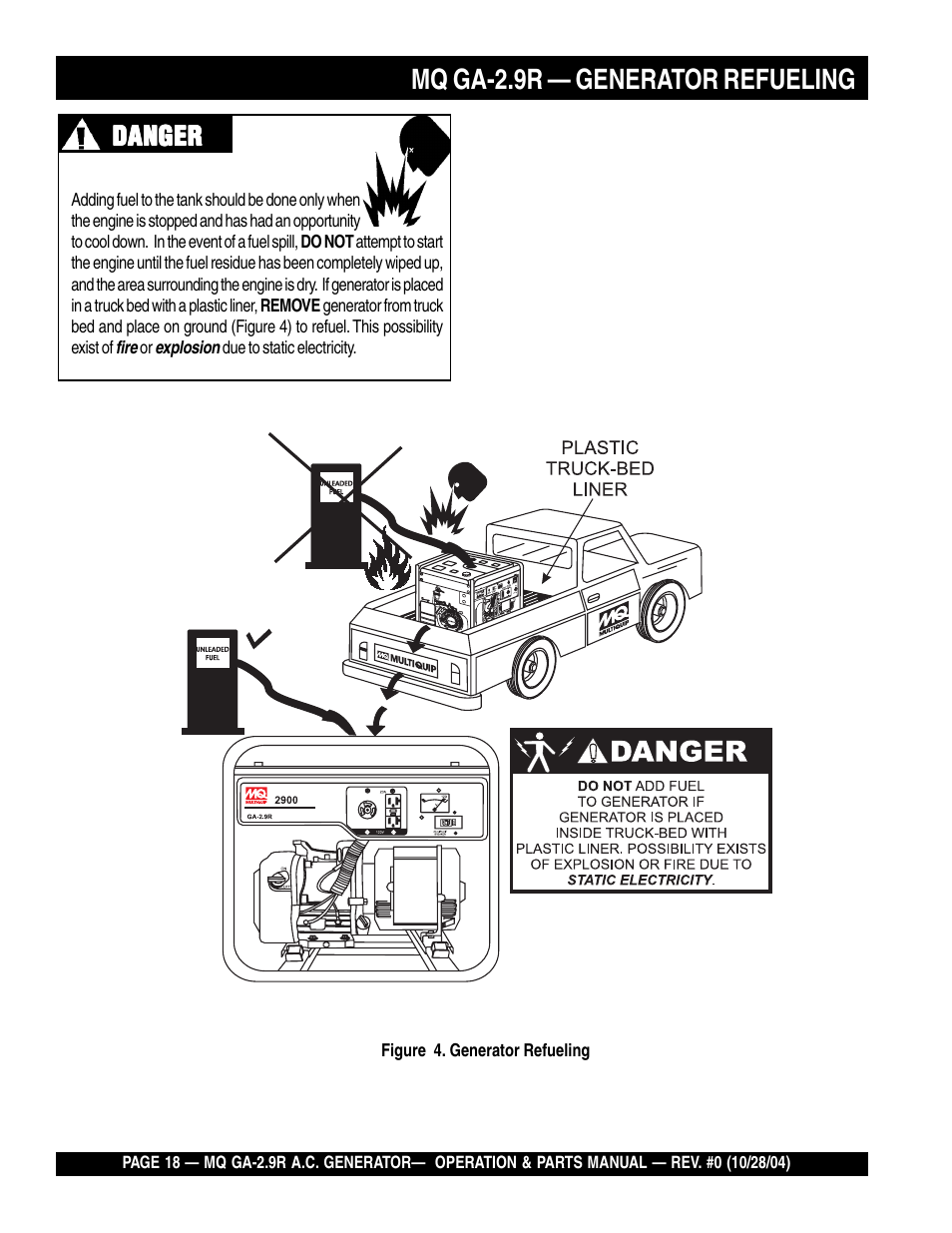Mq ga-2.9r — generator refueling, Danger | Multiquip Portabe AC Generator (Gasoline Engine) GA-2.9R User Manual | Page 18 / 62