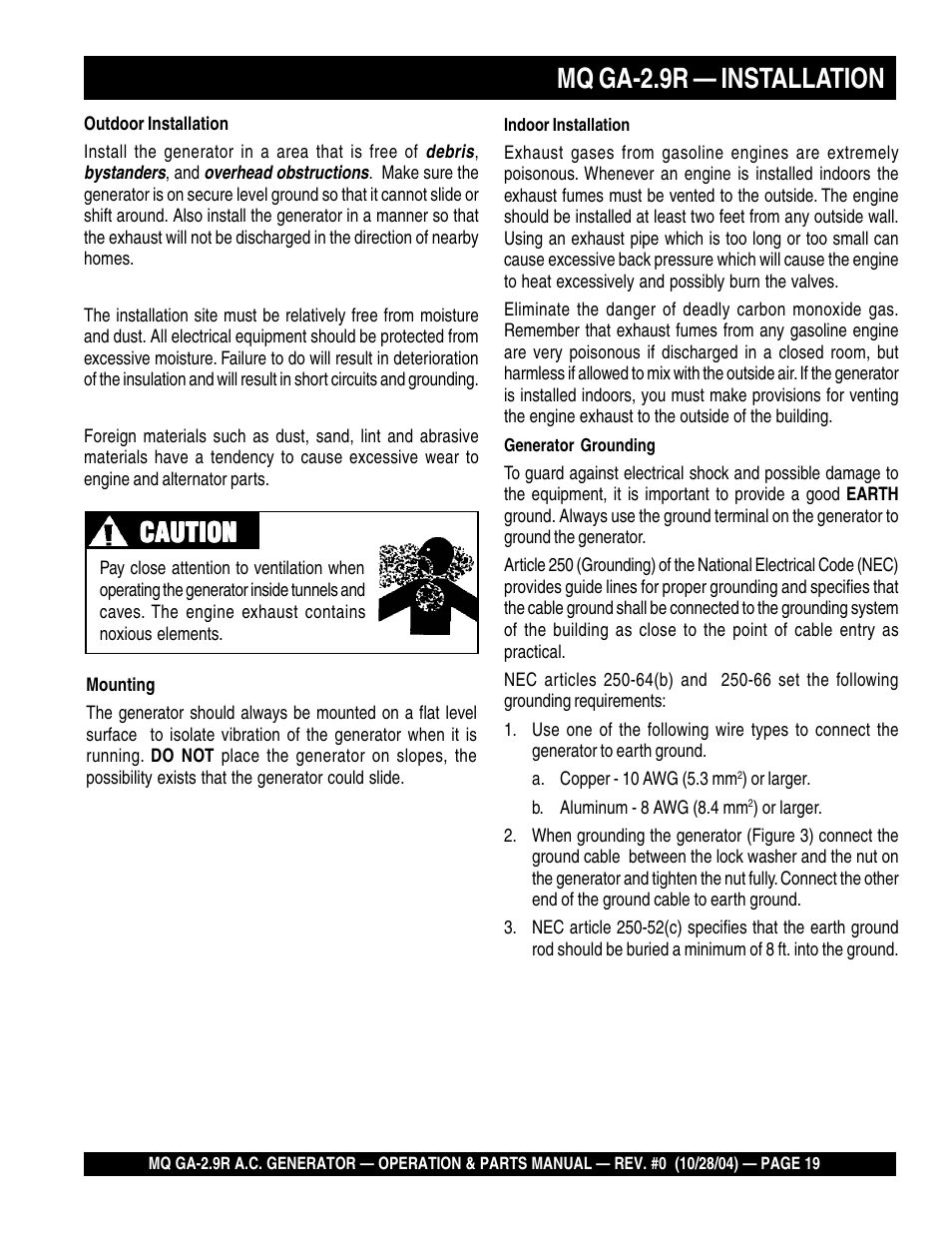 Mq ga-2.9r — installation, Caution | Multiquip Portabe AC Generator (Gasoline Engine) GA-2.9R User Manual | Page 19 / 62