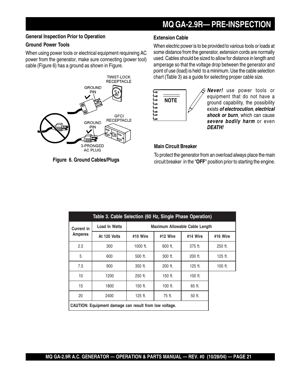 Mq ga-2.9r— pre-inspection | Multiquip Portabe AC Generator (Gasoline Engine) GA-2.9R User Manual | Page 21 / 62