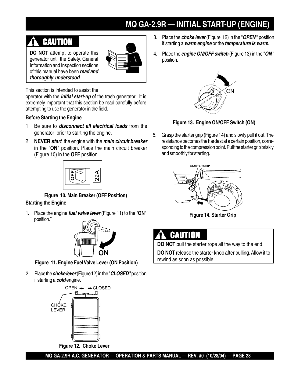 Mq ga-2.9r — initial start-up (engine), Caution | Multiquip Portabe AC Generator (Gasoline Engine) GA-2.9R User Manual | Page 23 / 62