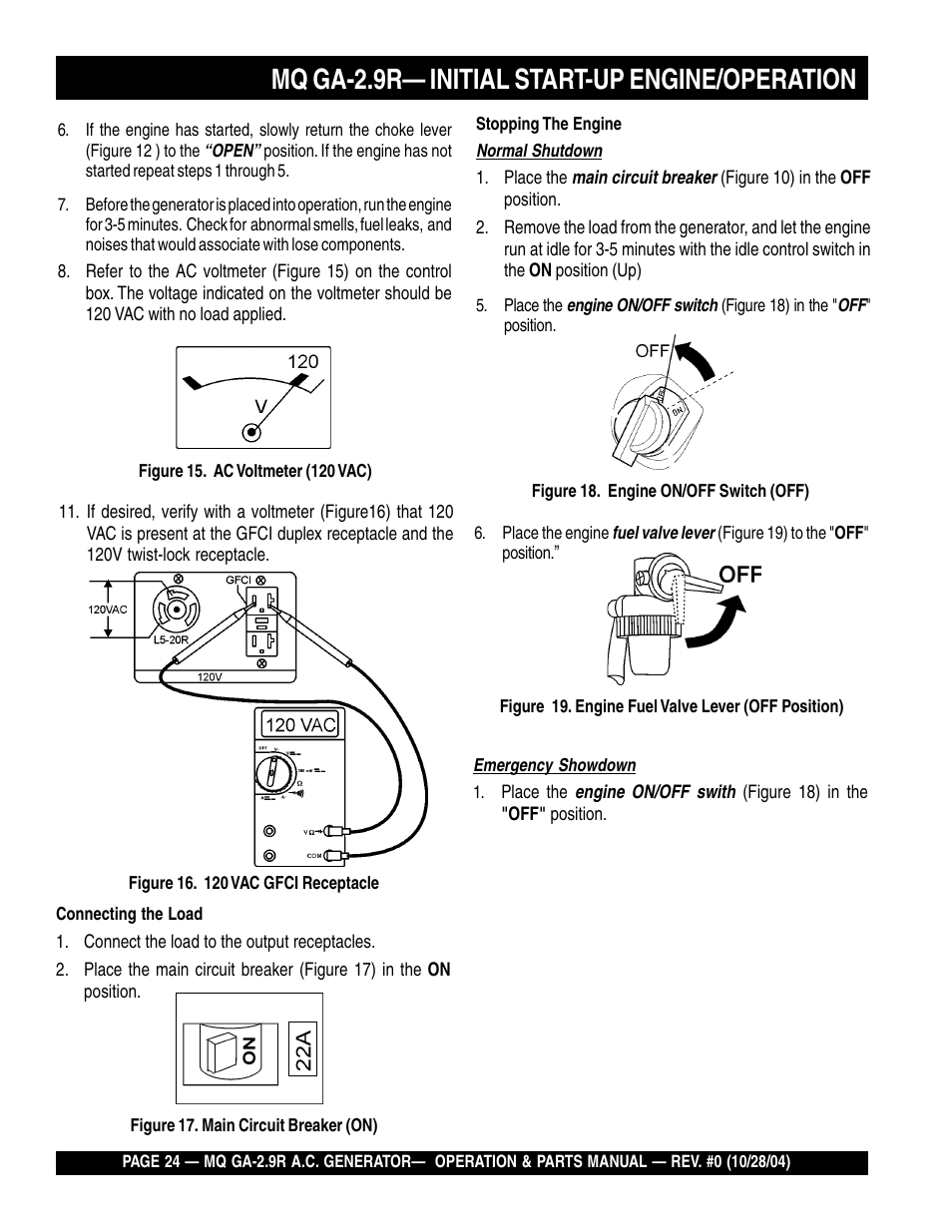 Mq ga-2.9r— initial start-up engine/operation | Multiquip Portabe AC Generator (Gasoline Engine) GA-2.9R User Manual | Page 24 / 62