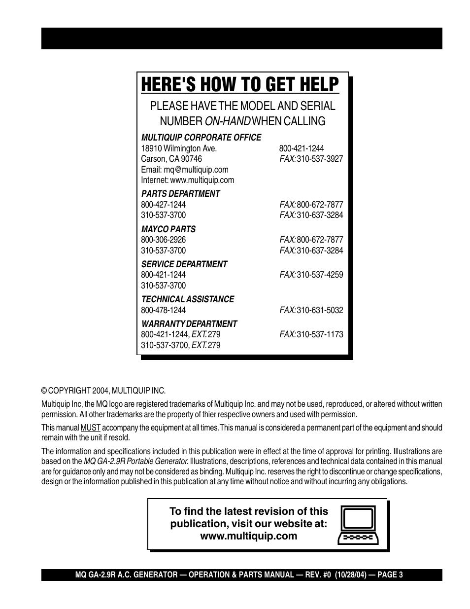 Here's how to get help, On-hand, Please have the model and serial number | When calling | Multiquip Portabe AC Generator (Gasoline Engine) GA-2.9R User Manual | Page 3 / 62