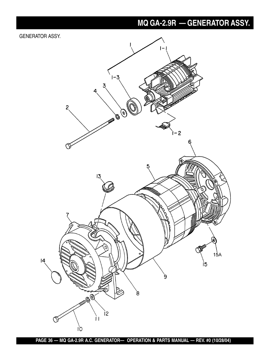 Mq ga-2.9r — generator assy | Multiquip Portabe AC Generator (Gasoline Engine) GA-2.9R User Manual | Page 36 / 62