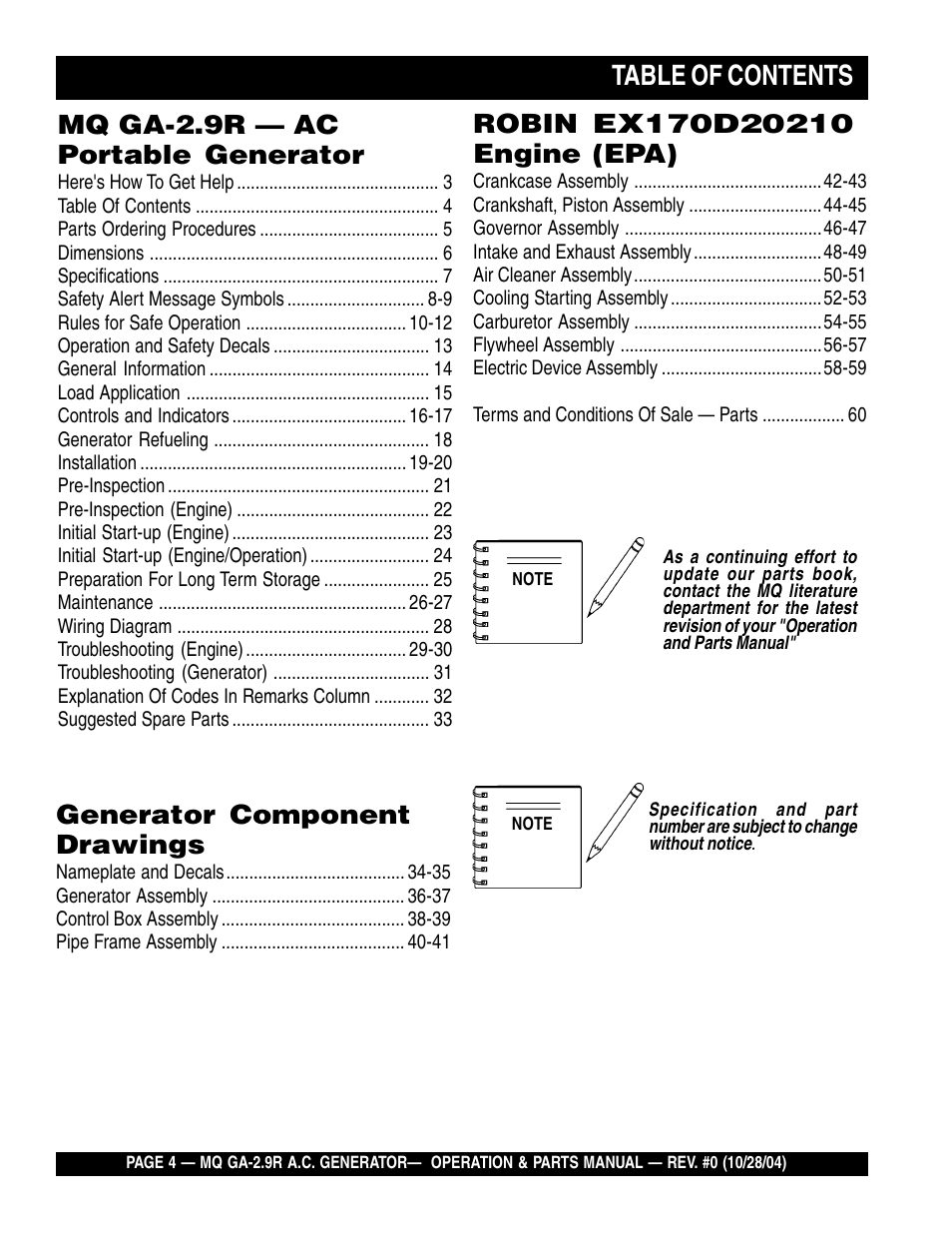 Multiquip Portabe AC Generator (Gasoline Engine) GA-2.9R User Manual | Page 4 / 62