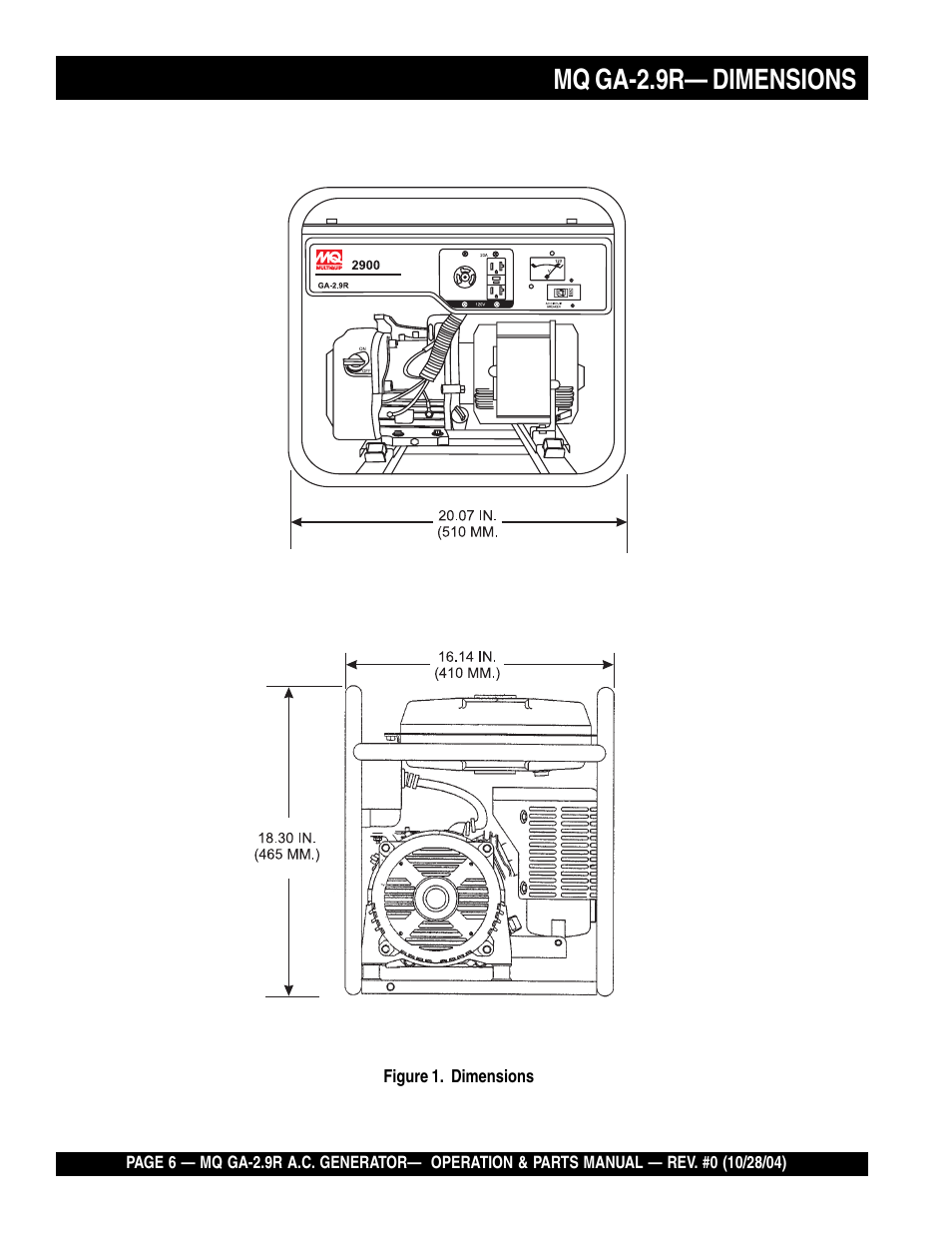 Mq ga-2.9r— dimensions | Multiquip Portabe AC Generator (Gasoline Engine) GA-2.9R User Manual | Page 6 / 62