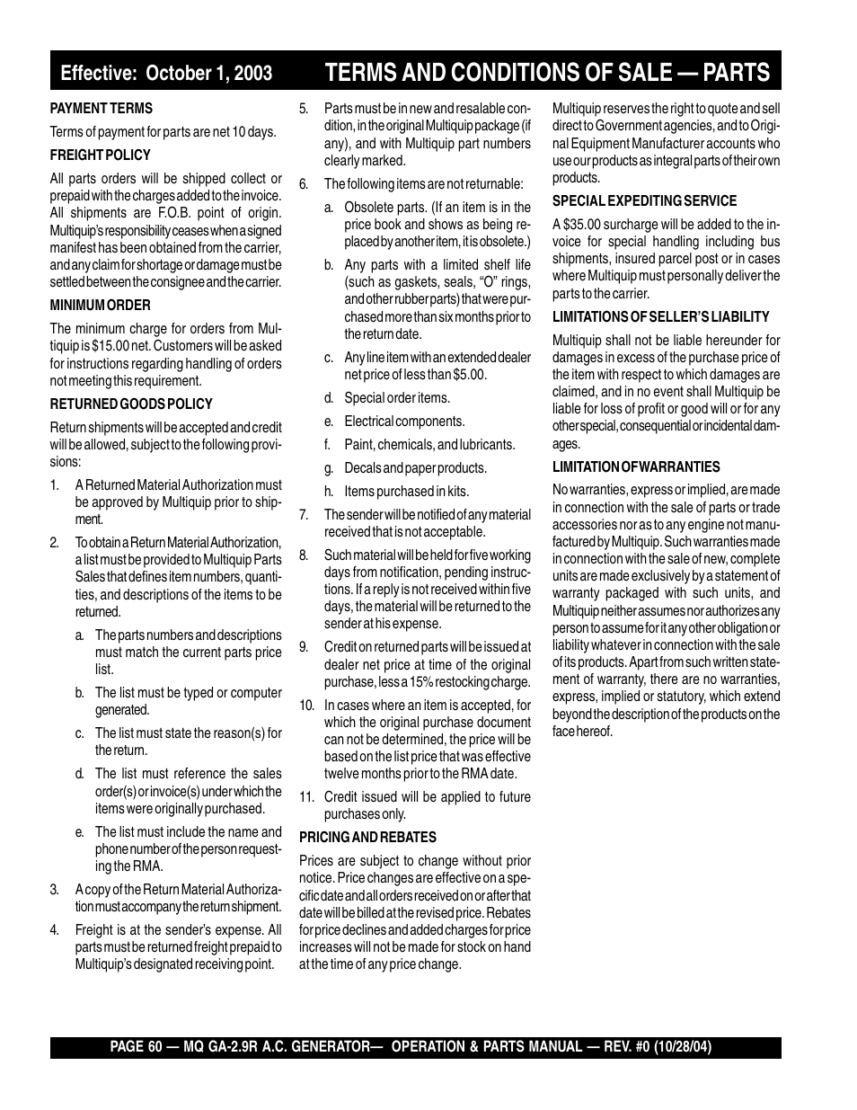 Terms and conditions of sale — parts | Multiquip Portabe AC Generator (Gasoline Engine) GA-2.9R User Manual | Page 60 / 62