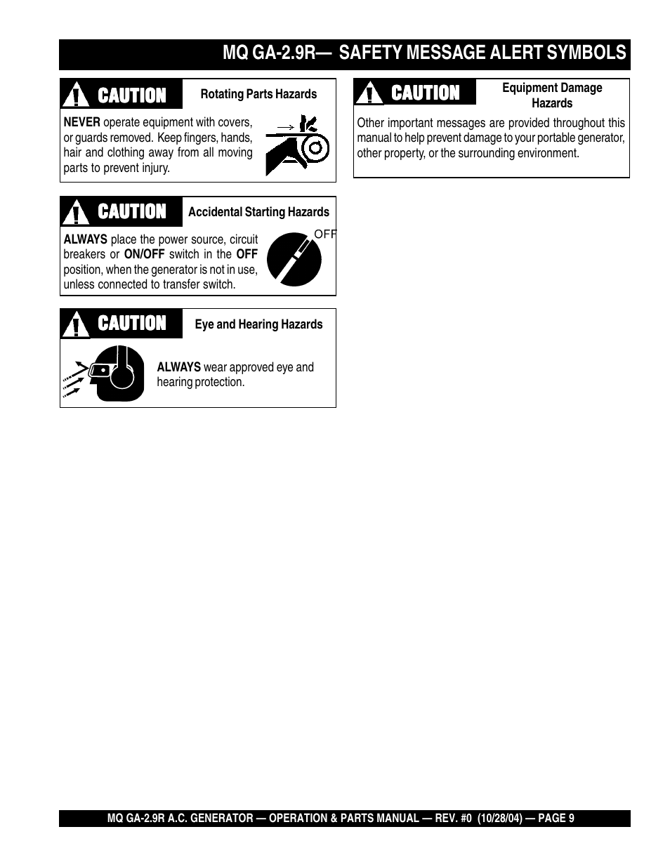 Mq ga-2.9r— safety message alert symbols | Multiquip Portabe AC Generator (Gasoline Engine) GA-2.9R User Manual | Page 9 / 62