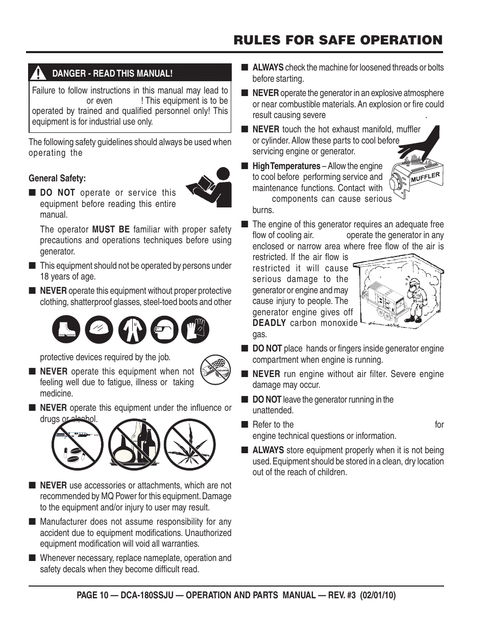 Rules for safe operation | Multiquip 60Hz Generator DCA180SSJU User Manual | Page 10 / 106