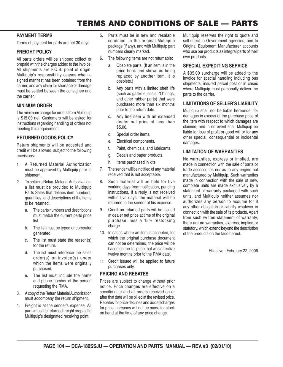 Terms and conditions of sale — parts | Multiquip 60Hz Generator DCA180SSJU User Manual | Page 104 / 106