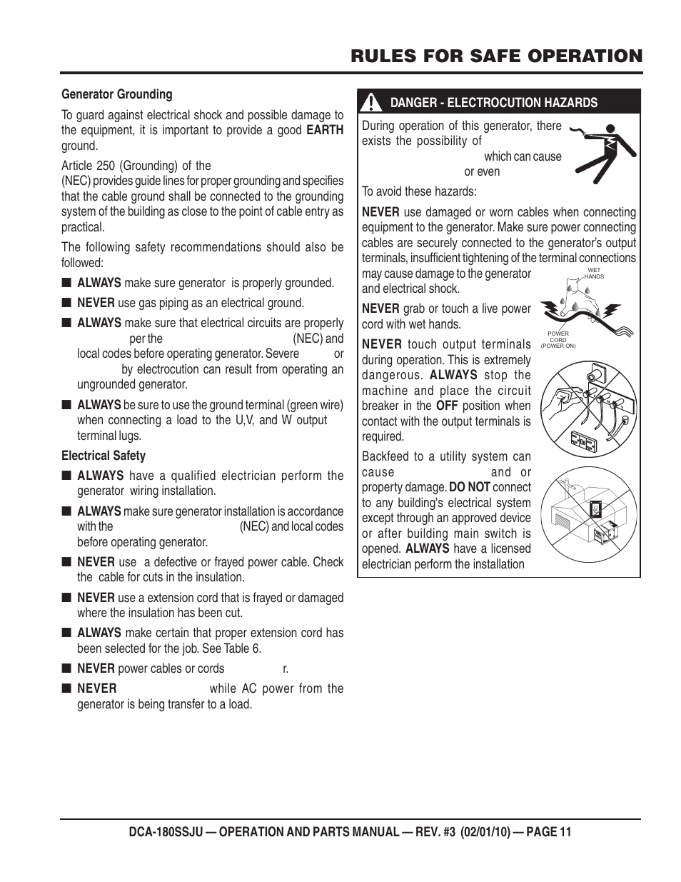 Rules for safe operation | Multiquip 60Hz Generator DCA180SSJU User Manual | Page 11 / 106