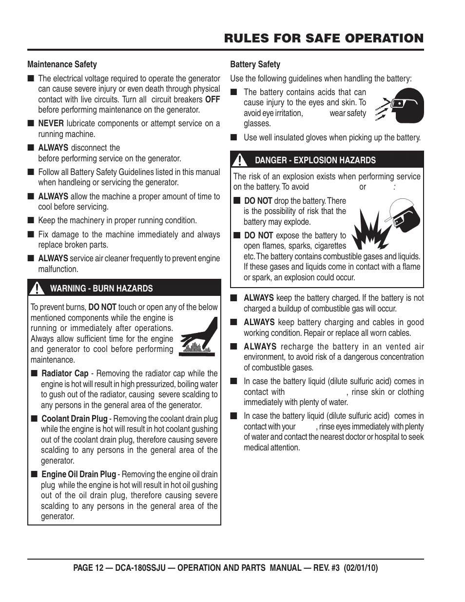 Rules for safe operation | Multiquip 60Hz Generator DCA180SSJU User Manual | Page 12 / 106
