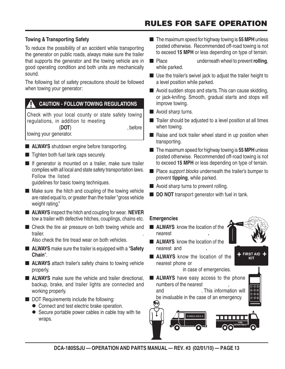 Rules for safe operation | Multiquip 60Hz Generator DCA180SSJU User Manual | Page 13 / 106