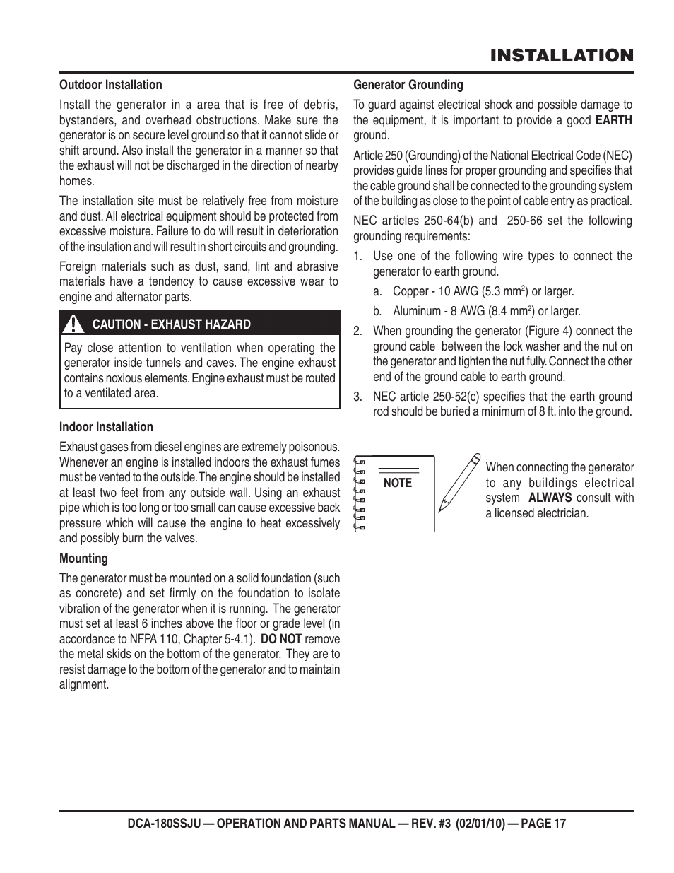 Installation | Multiquip 60Hz Generator DCA180SSJU User Manual | Page 17 / 106