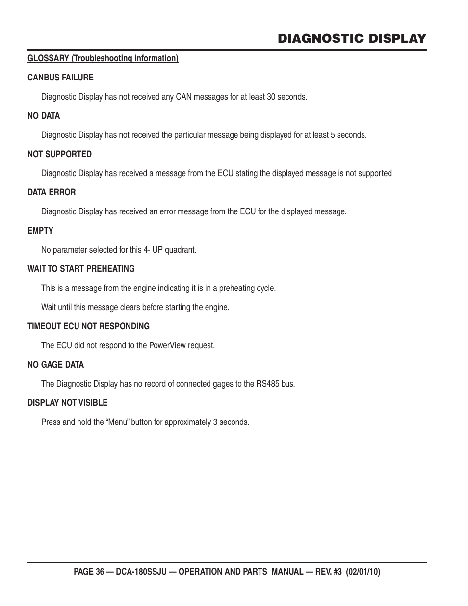 Diagnostic display | Multiquip 60Hz Generator DCA180SSJU User Manual | Page 36 / 106