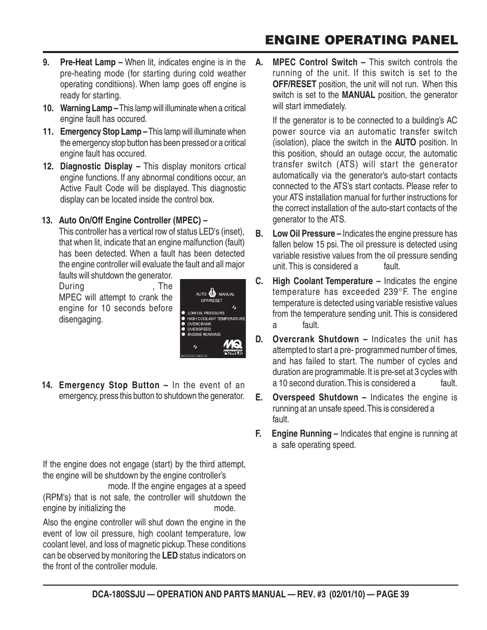 Engine operating panel | Multiquip 60Hz Generator DCA180SSJU User Manual | Page 39 / 106