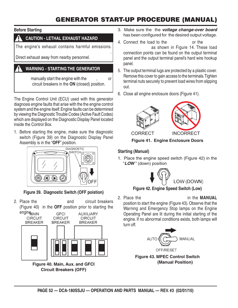 Generator start-up procedure (manual) | Multiquip 60Hz Generator DCA180SSJU User Manual | Page 52 / 106