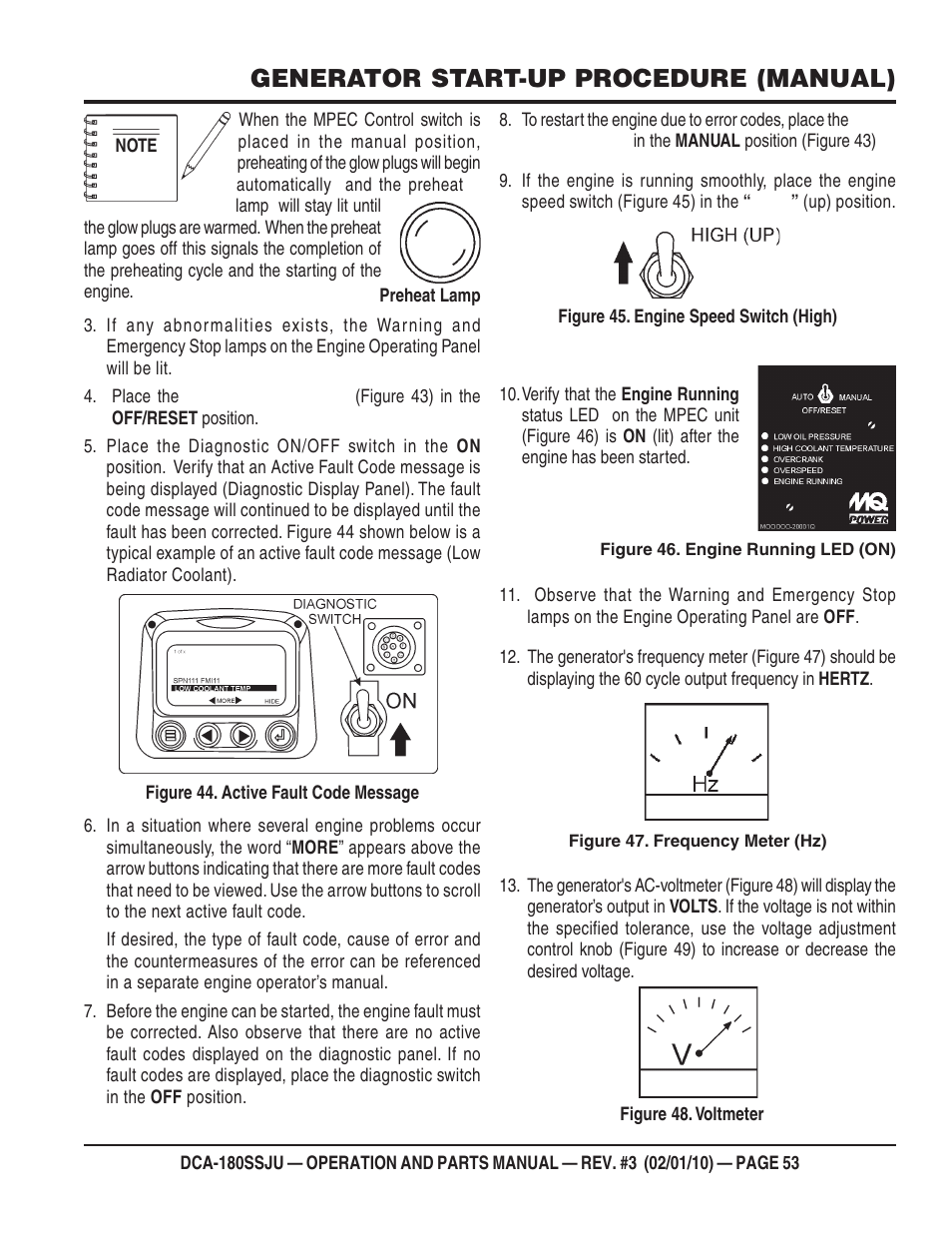 Generator start-up procedure (manual) | Multiquip 60Hz Generator DCA180SSJU User Manual | Page 53 / 106