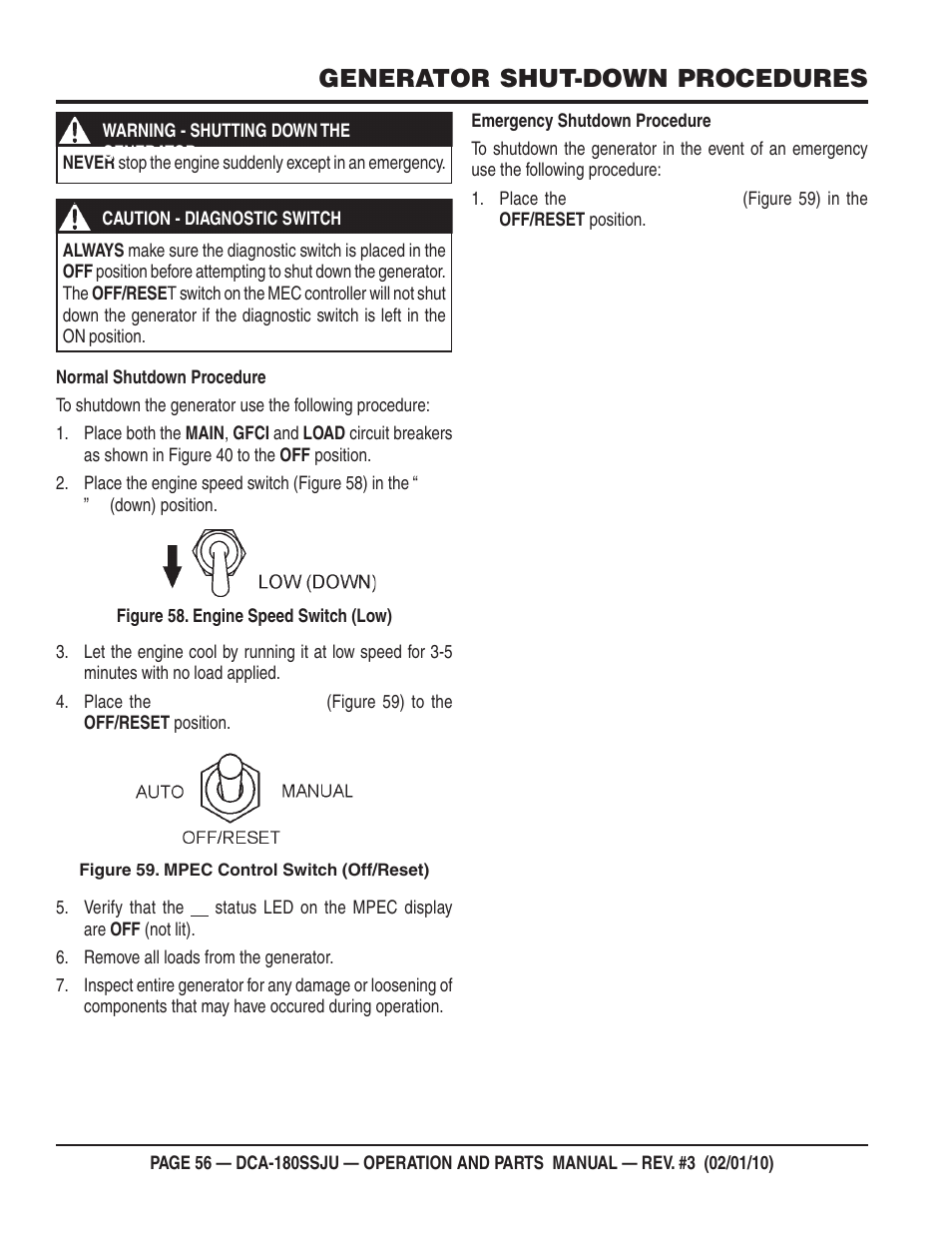 Generator shut-down procedures | Multiquip 60Hz Generator DCA180SSJU User Manual | Page 56 / 106
