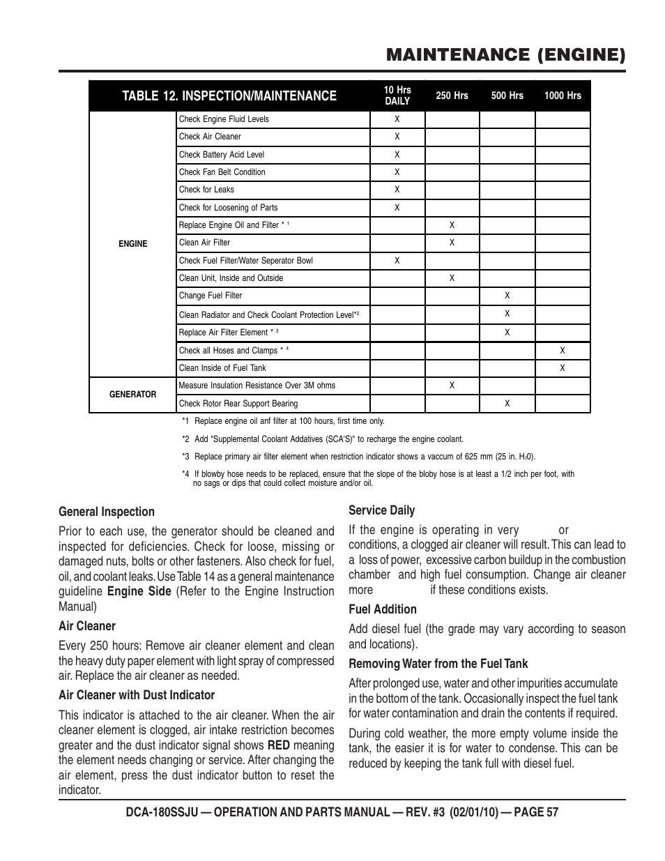 Maintenance (engine), Table 12. inspection/maintenance | Multiquip 60Hz Generator DCA180SSJU User Manual | Page 57 / 106
