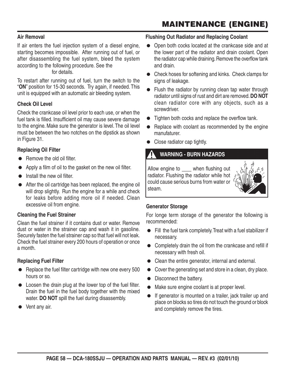 Maintenance (engine) | Multiquip 60Hz Generator DCA180SSJU User Manual | Page 58 / 106