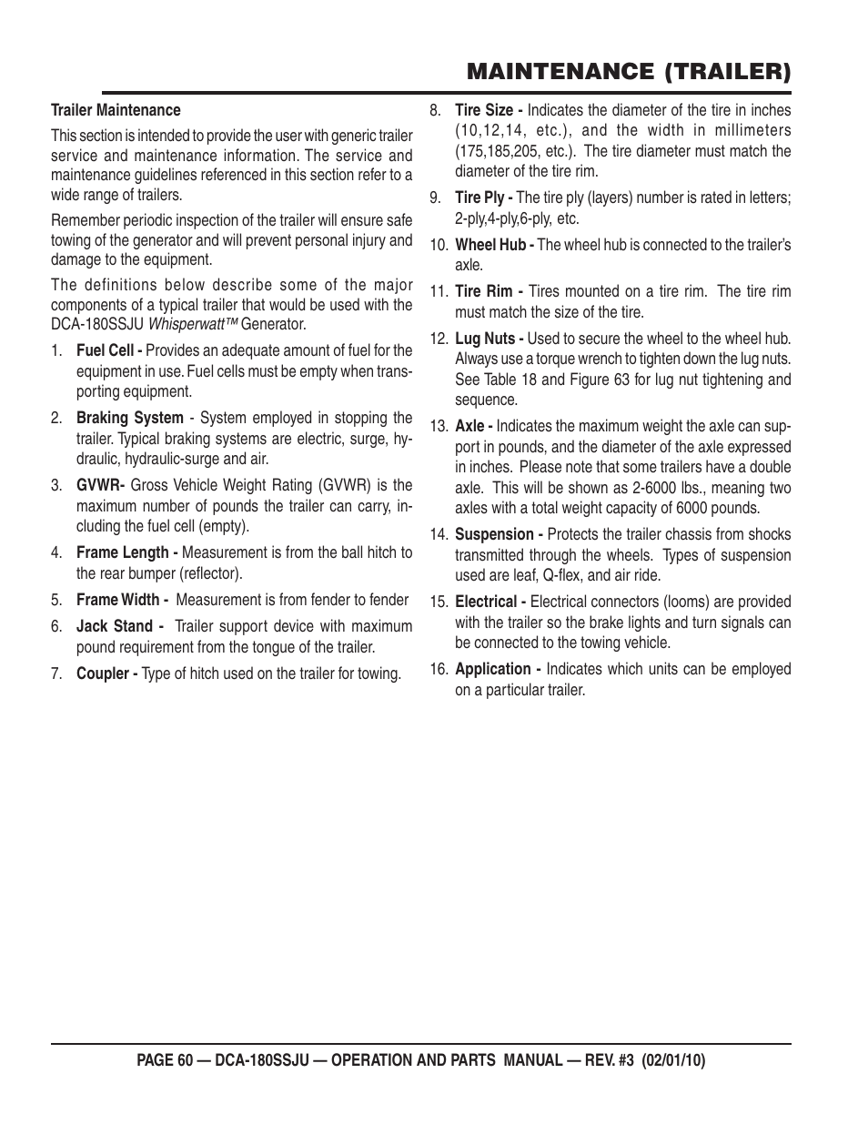 Maintenance (trailer) | Multiquip 60Hz Generator DCA180SSJU User Manual | Page 60 / 106