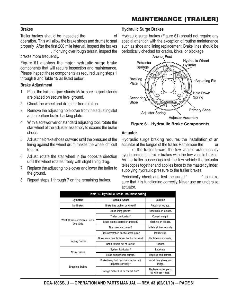 Maintenance (trailer) | Multiquip 60Hz Generator DCA180SSJU User Manual | Page 61 / 106