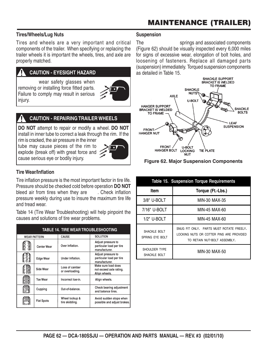 Maintenance (trailer) | Multiquip 60Hz Generator DCA180SSJU User Manual | Page 62 / 106