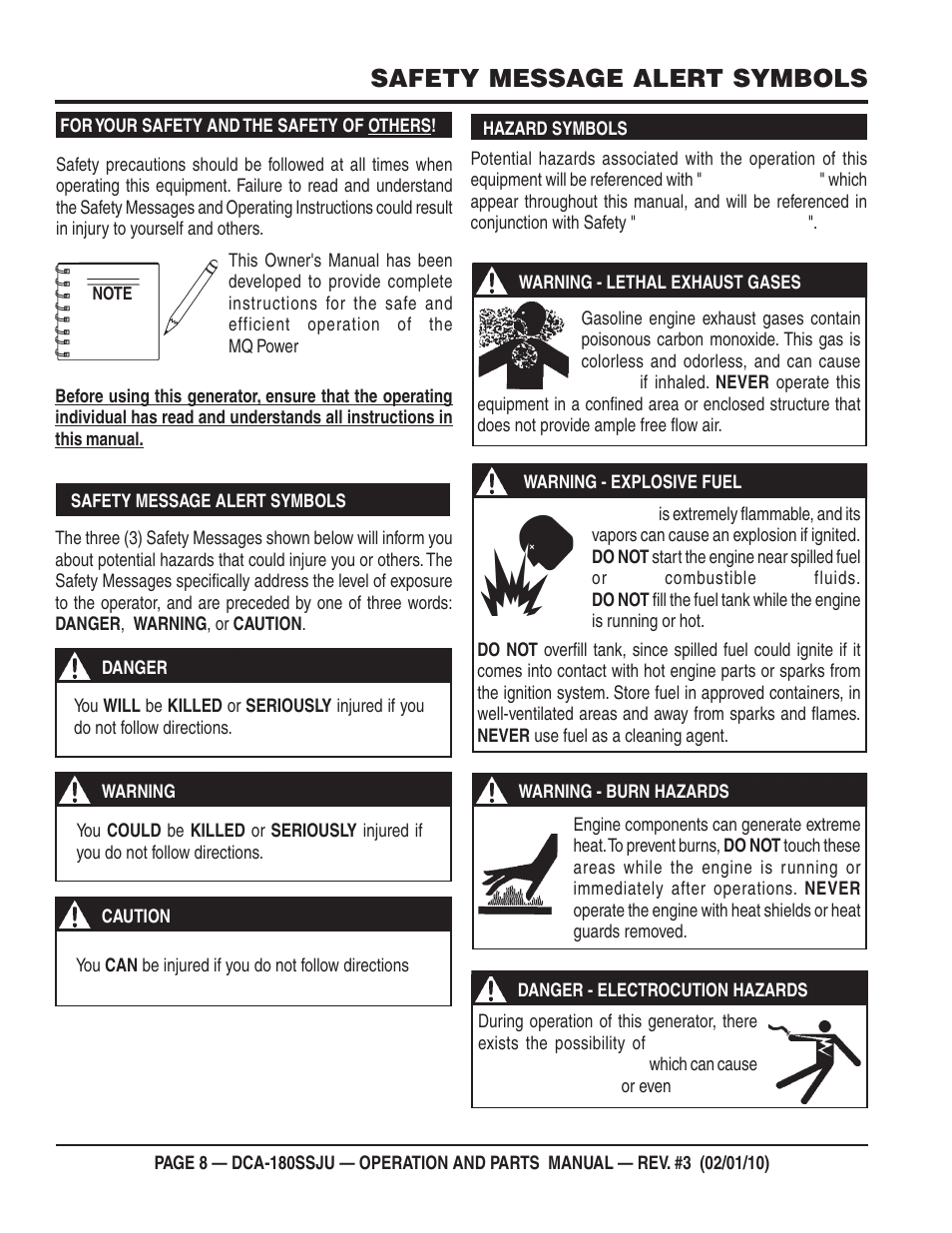 Safety message alert symbols | Multiquip 60Hz Generator DCA180SSJU User Manual | Page 8 / 106