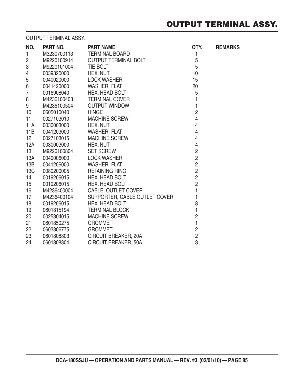 Output terminal assy | Multiquip 60Hz Generator DCA180SSJU User Manual | Page 85 / 106