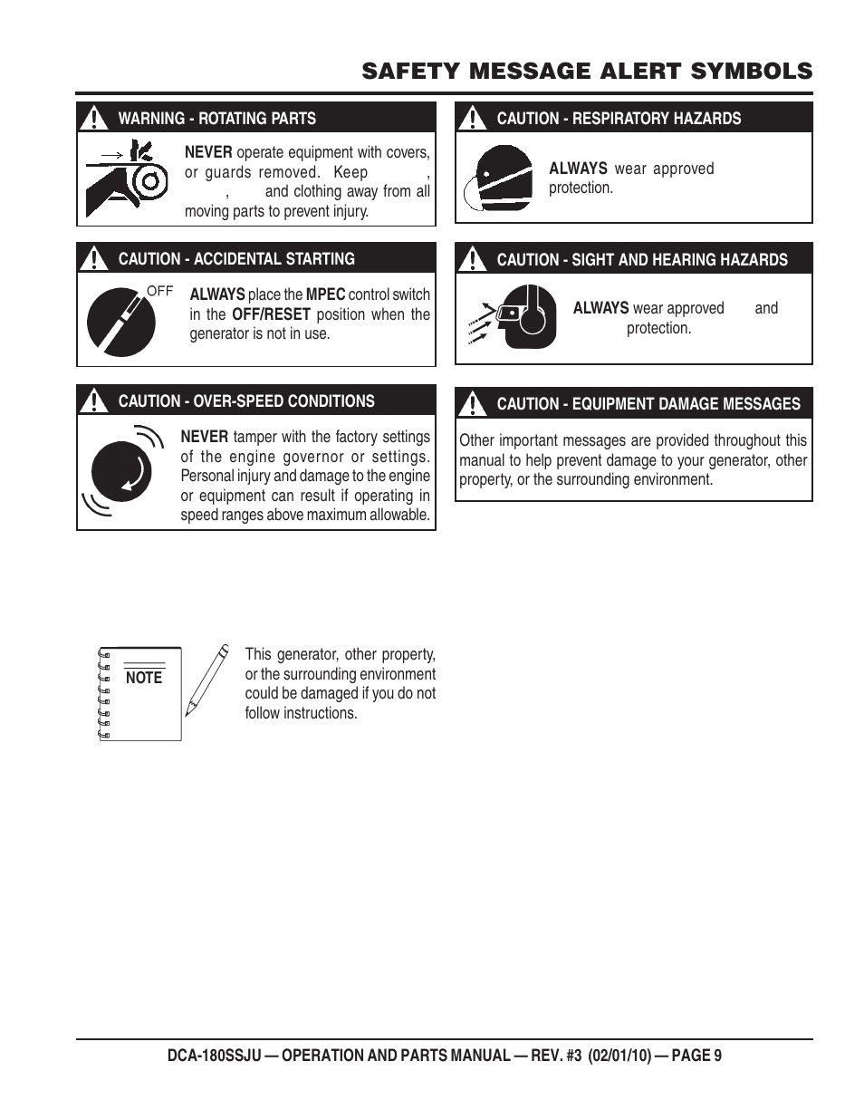 Safety message alert symbols | Multiquip 60Hz Generator DCA180SSJU User Manual | Page 9 / 106