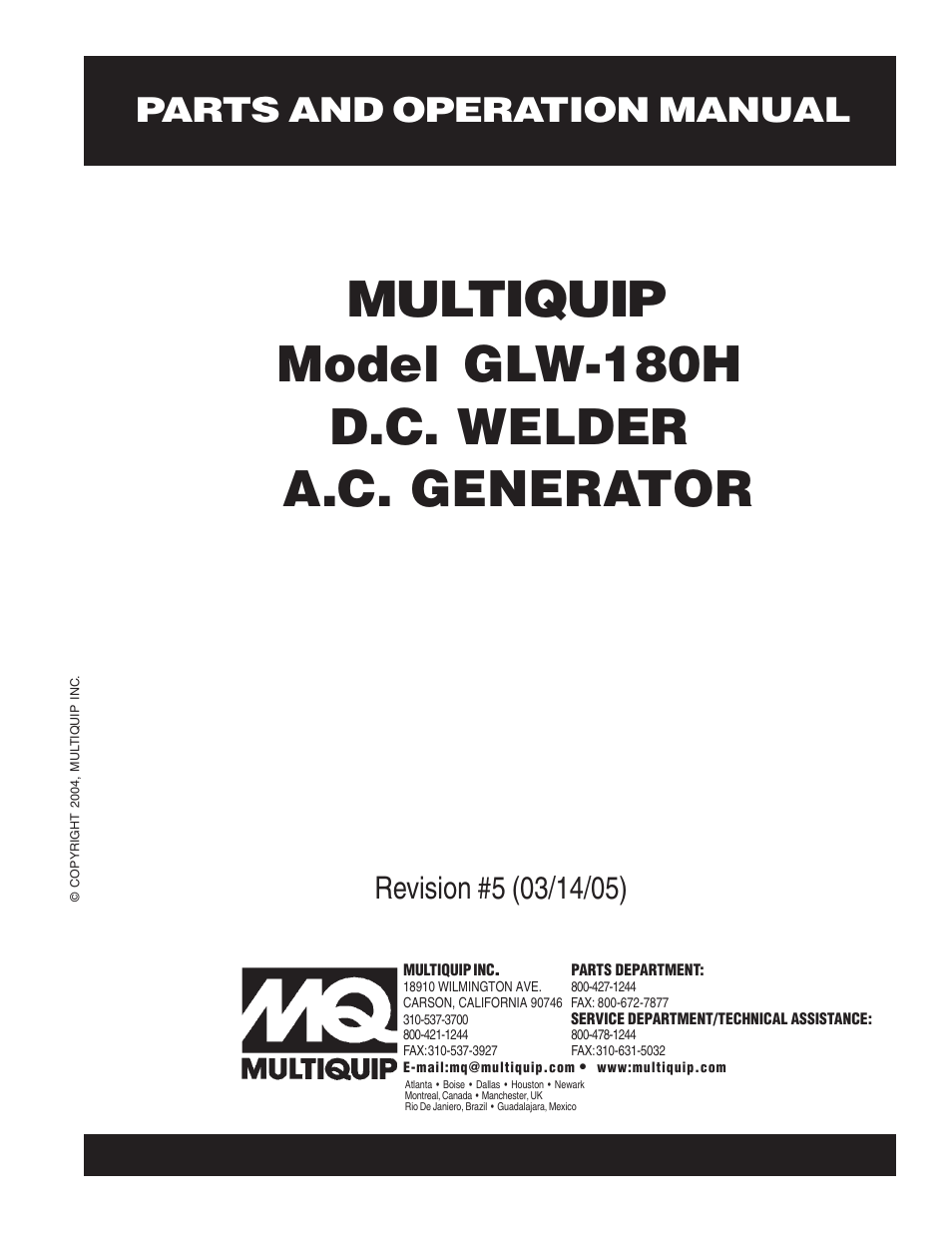 Multiquip A.C. GENERATOR GLW-180H User Manual | 78 pages