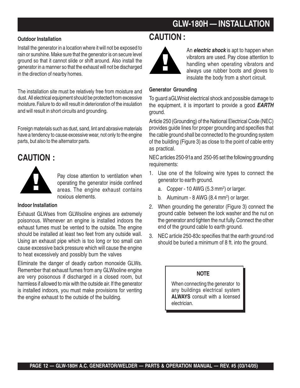 Glw-180h — installation, Caution | Multiquip A.C. GENERATOR GLW-180H User Manual | Page 12 / 78