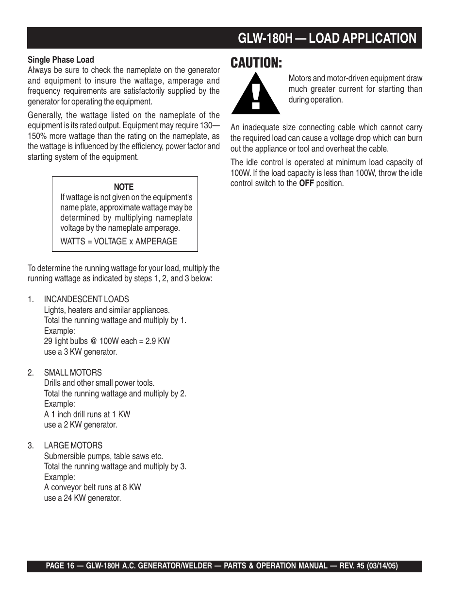 Glw-180h — load application, Caution | Multiquip A.C. GENERATOR GLW-180H User Manual | Page 16 / 78