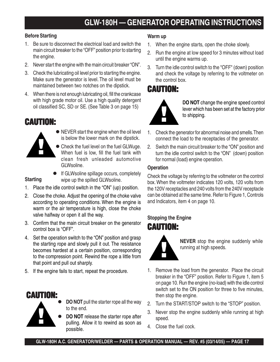 Glw-180h — generator operating instructions, Caution | Multiquip A.C. GENERATOR GLW-180H User Manual | Page 17 / 78