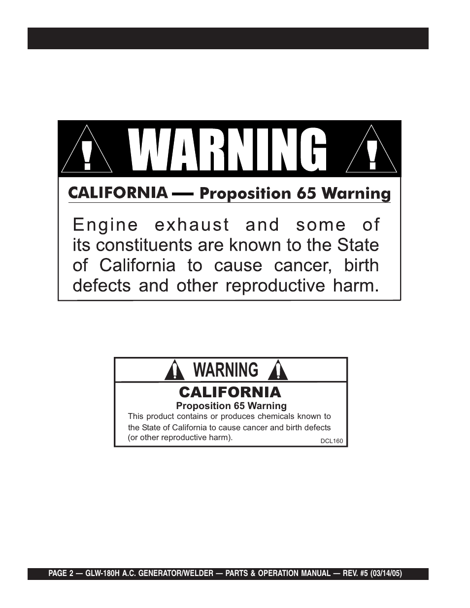 Warning, California | Multiquip A.C. GENERATOR GLW-180H User Manual | Page 2 / 78