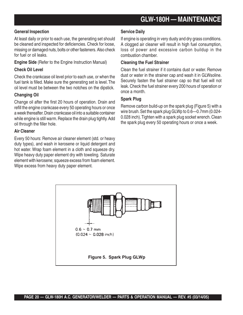 Glw-180h — maintenance | Multiquip A.C. GENERATOR GLW-180H User Manual | Page 20 / 78