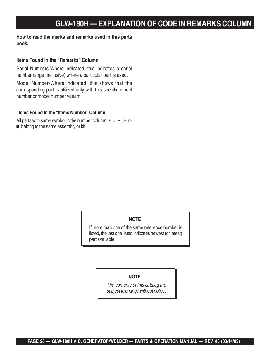 Glw-180h — explanation of code in remarks column | Multiquip A.C. GENERATOR GLW-180H User Manual | Page 28 / 78