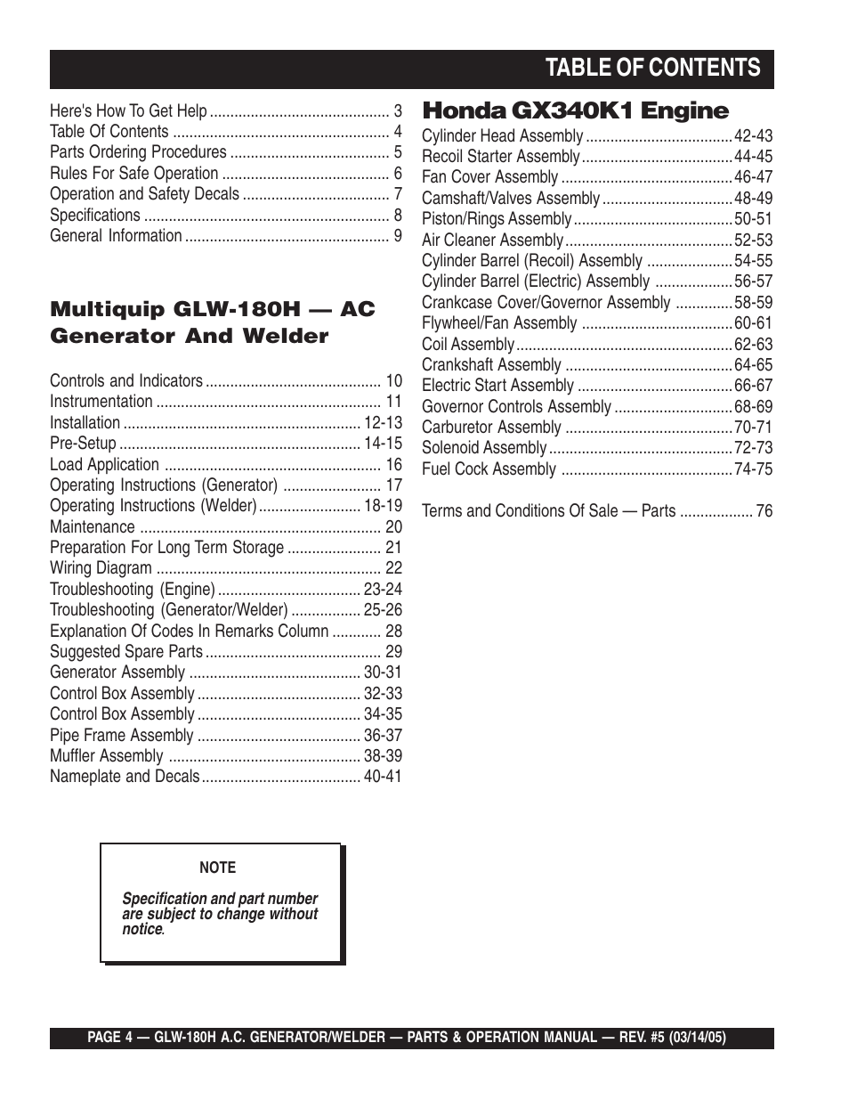 Multiquip A.C. GENERATOR GLW-180H User Manual | Page 4 / 78