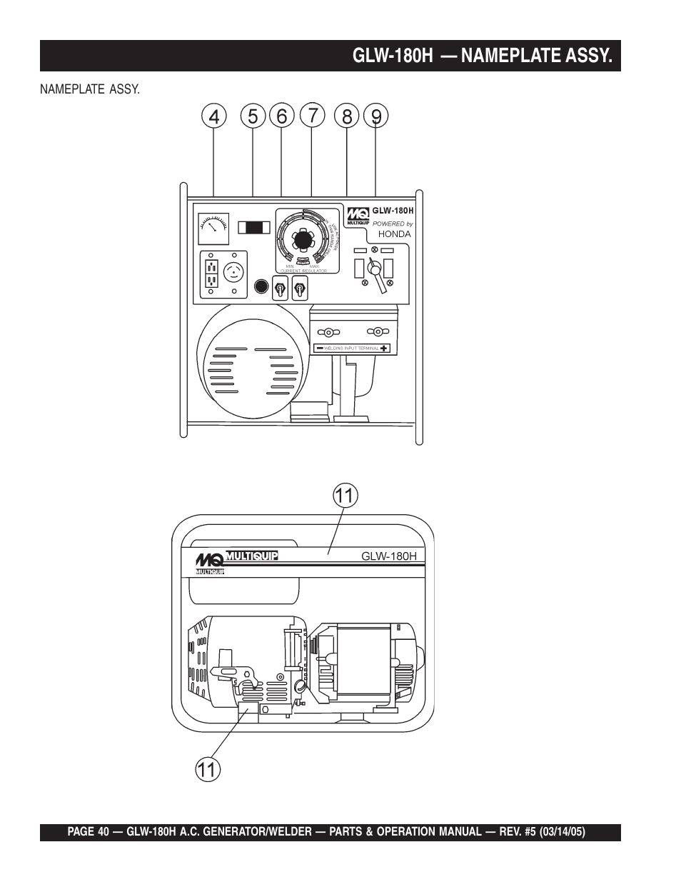 Glw-180h — nameplate assy | Multiquip A.C. GENERATOR GLW-180H User Manual | Page 40 / 78