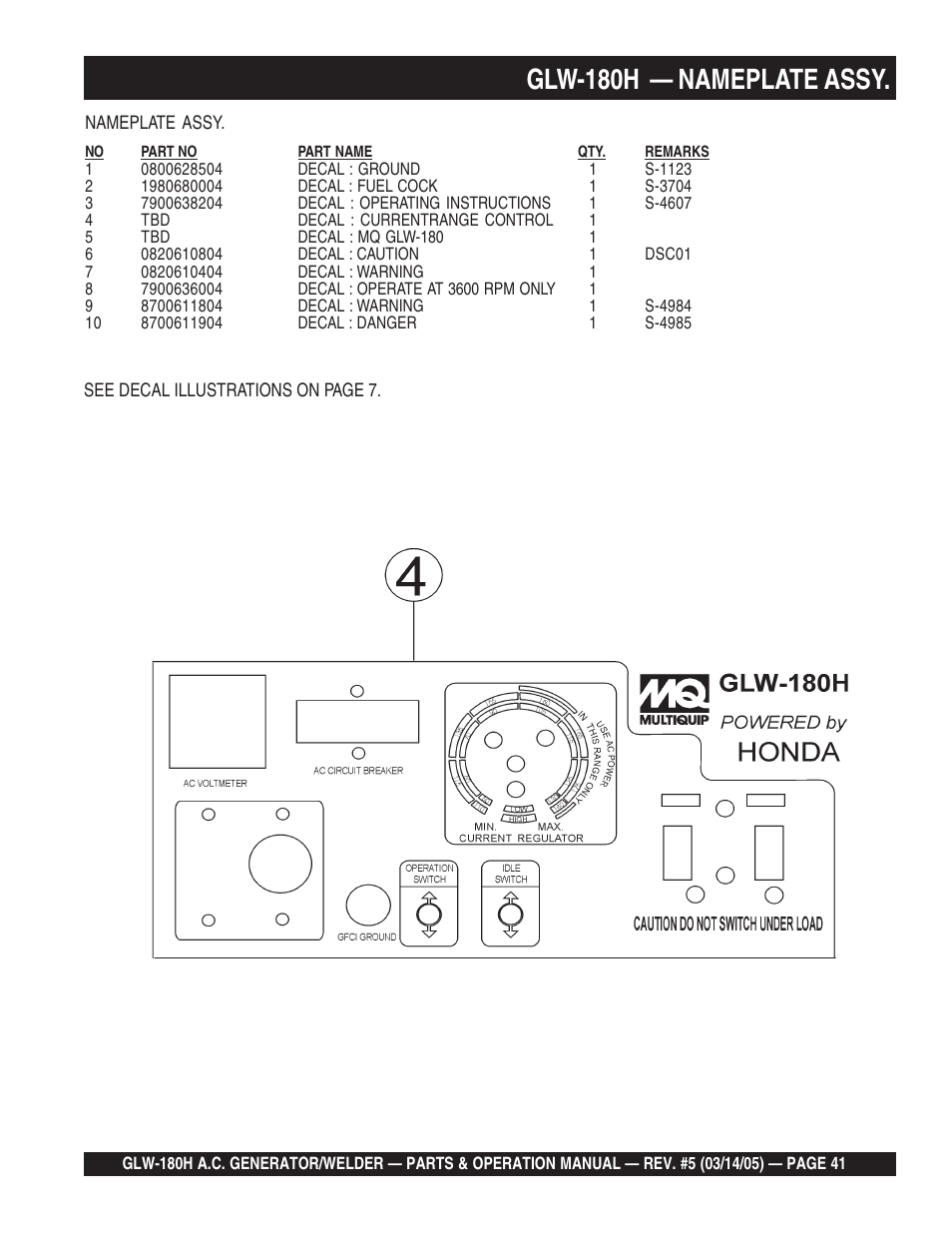 Glw-180h — nameplate assy | Multiquip A.C. GENERATOR GLW-180H User Manual | Page 41 / 78