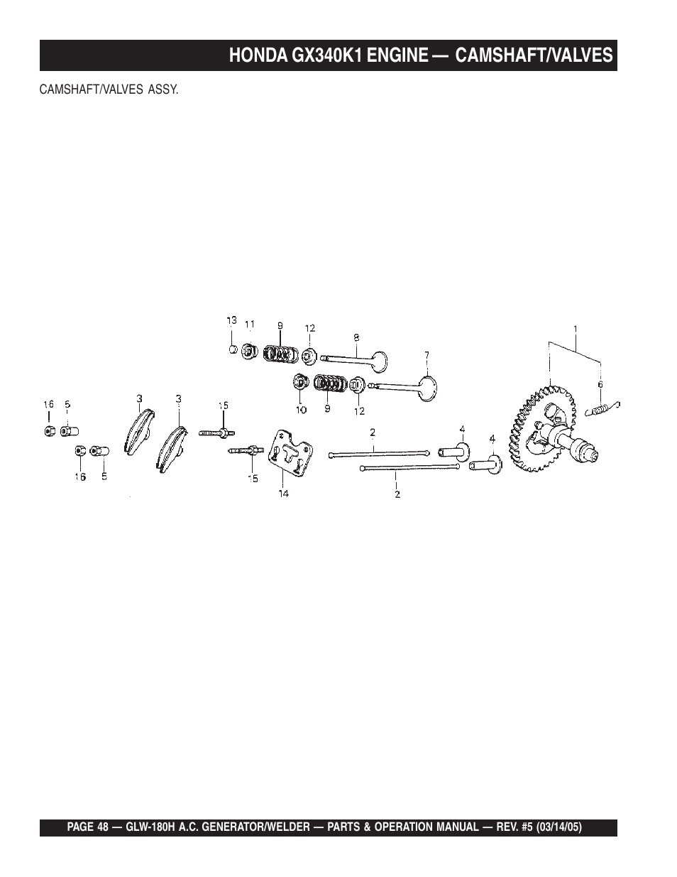 Honda gx340k1 engine — camshaft/valves | Multiquip A.C. GENERATOR GLW-180H User Manual | Page 48 / 78