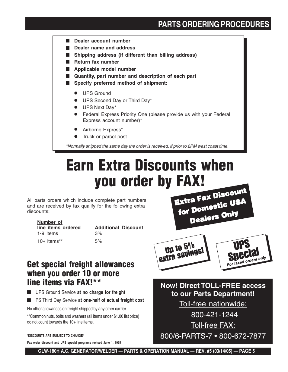 Earn extra discounts when you order by fax, Extra fax discount | Multiquip A.C. GENERATOR GLW-180H User Manual | Page 5 / 78