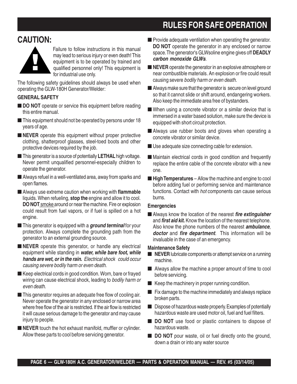 Rules for safe operation caution | Multiquip A.C. GENERATOR GLW-180H User Manual | Page 6 / 78