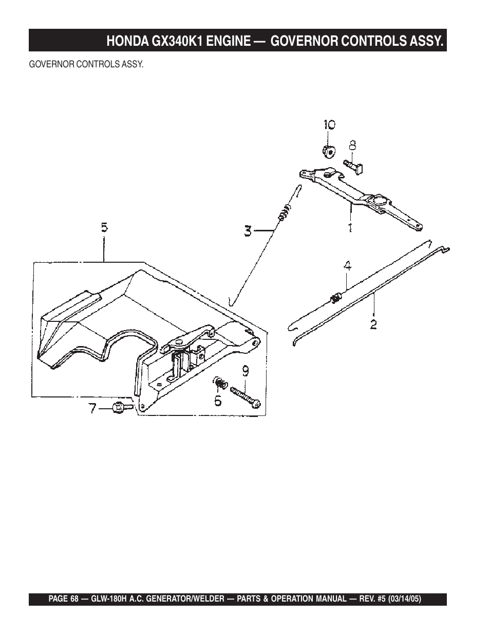 Honda gx340k1 engine — governor controls assy | Multiquip A.C. GENERATOR GLW-180H User Manual | Page 68 / 78