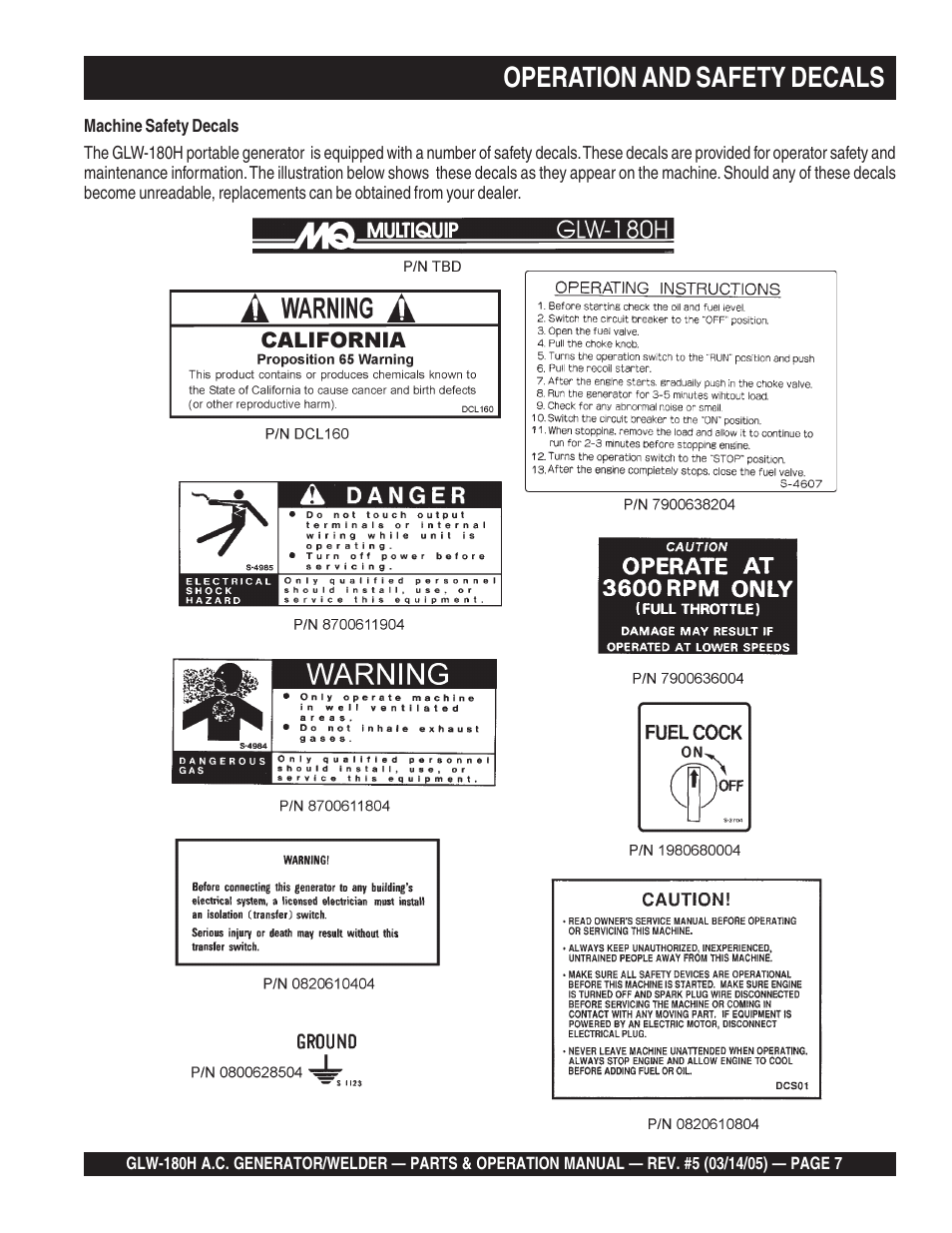 Operation and safety decals | Multiquip A.C. GENERATOR GLW-180H User Manual | Page 7 / 78