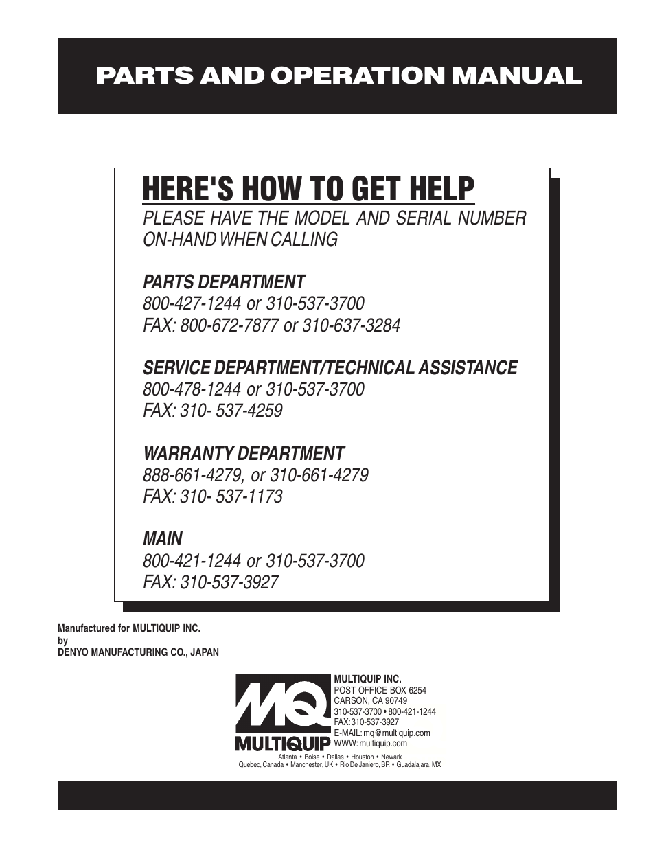 Here's how to get help, Parts and operation manual | Multiquip A.C. GENERATOR GLW-180H User Manual | Page 78 / 78