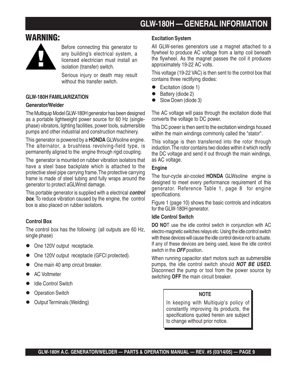 Glw-180h — general information, Warning | Multiquip A.C. GENERATOR GLW-180H User Manual | Page 9 / 78